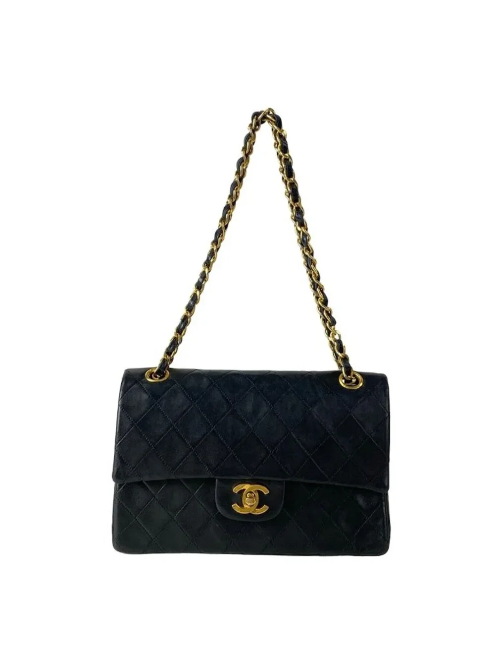 Chanel Shoulder Bag Double Flap Quilted Black Gold Chain Lambskin
